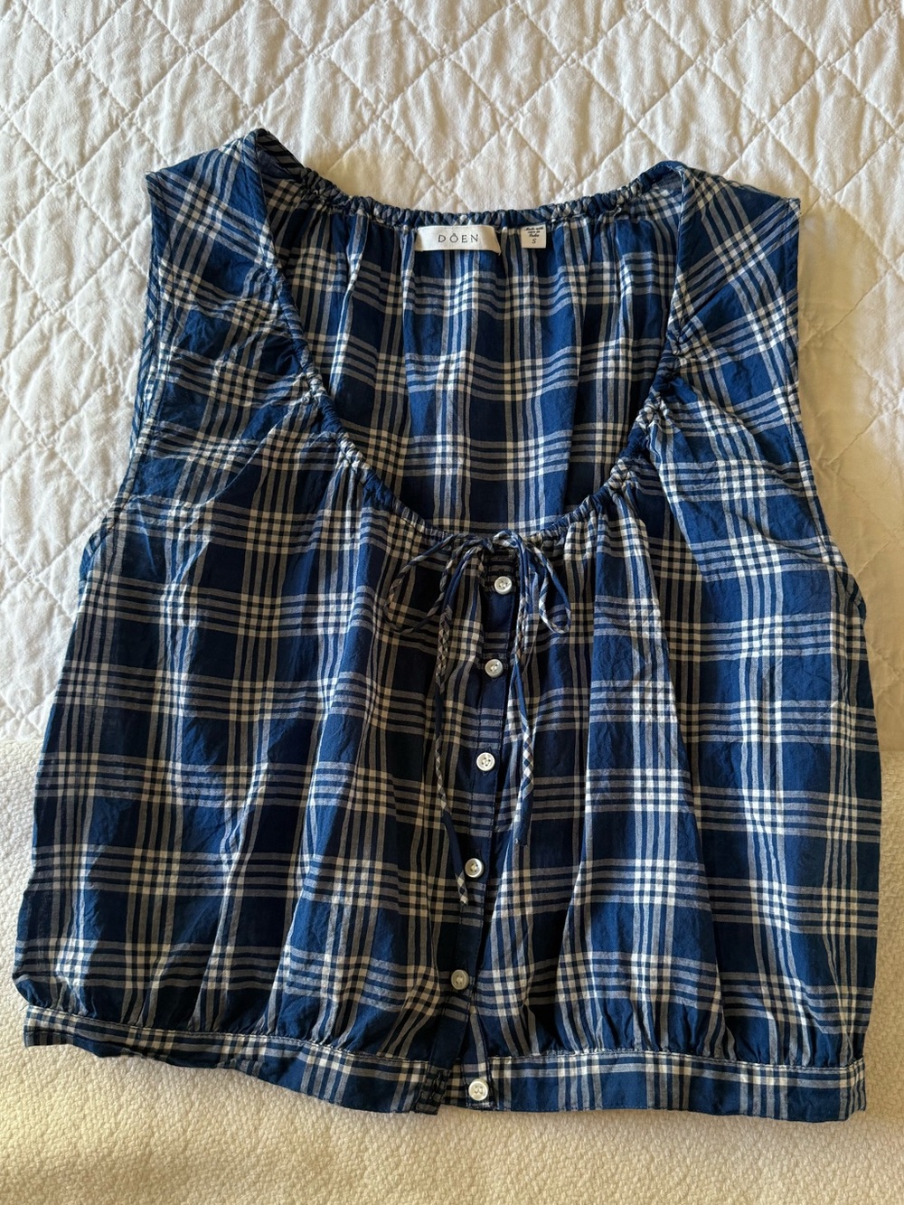 Doen Blue Plaid Sleeveless Tie-Front Button Blouse